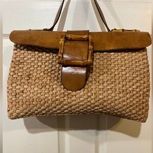 Brown Woven Wicker Handbag with Bamboo Accent